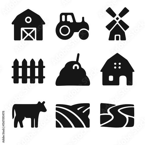 Rural Landscape Icons. Solid, filled icon set of rural landscape: barn, tractor, windmill, fence, haystack, farmhouse, cow, field,