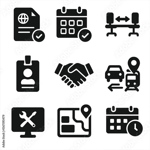 Hybrid Workplace Icons. Solid, filled icons set of hybrid workplace policies and logistics: remote policy doc,