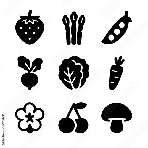 Spring Produce Icons. Solid, filled icon set of Spring fruits and vegetables: strawberry, asparagus, peas, radish, lettuce, carrot