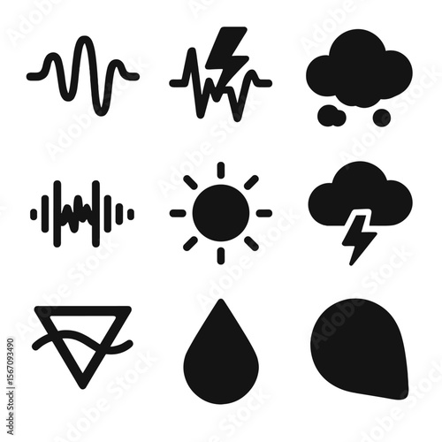 Hybrid Icon Set. Solid, filled icons set of ambient and metal hybrids: reverb wave, electric distortion, dark