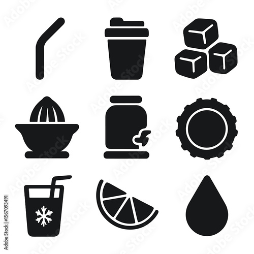 Hydration Icon Set. Solid, filled icons set of hydration and drink essentials: reusable straw, insulated cup,