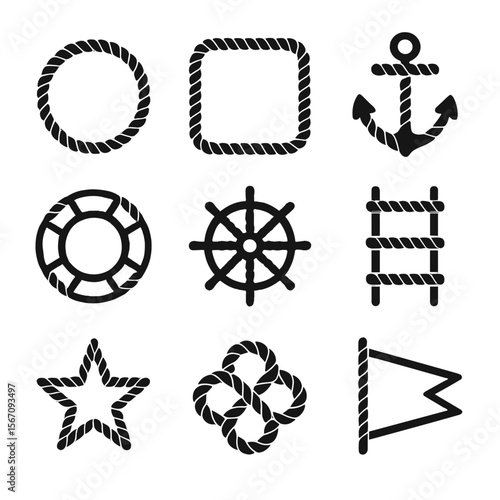 Nautical Rope Icons. Solid, filled icon set of rope-related nautical symbols: rope circle, rope border, rope anchor, rope lifebuoy