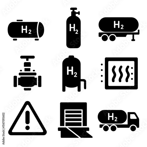 Hydrogen Storage Icons. Solid, filled icons set of hydrogen storage and transport: metal tank, cylinder