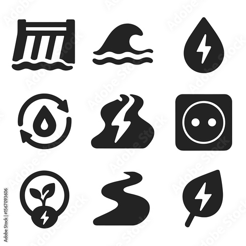 Hydropower Icons Grid. Solid, filled icons set of hydropower and water energy: hydro dam, water wave, turbine