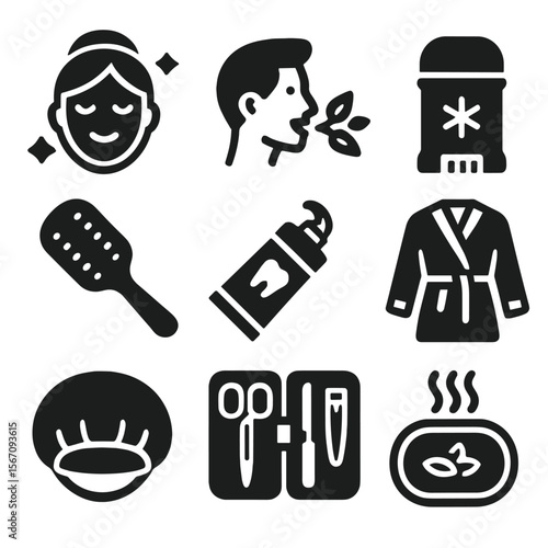 Hygiene Icon Grid. Solid, filled icons set of hygiene and freshness: clean face icon, fresh breath, deodorant