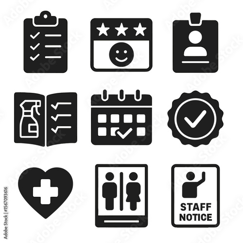 Hygiene Icons Grid. Solid, filled icons set of hygiene policy and inspection: checklist clipboard, hygiene
