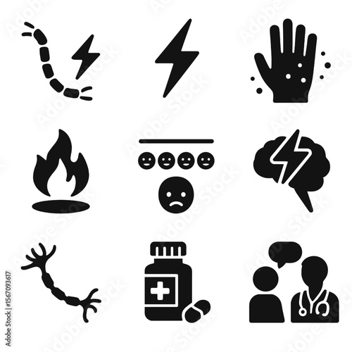 Neuropathic Pain Icons. Solid, filled icon set of neuropathic pain: nerve fiber, electric shock, tingling hand, burning sensation,