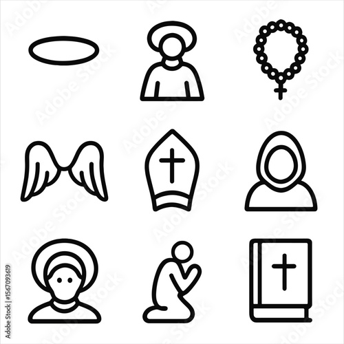 Saints Icon Set. Solid, filled icon set of saints and religious figures: halo, saint’s robe, rosary, angel wings, bishop’s mitre,