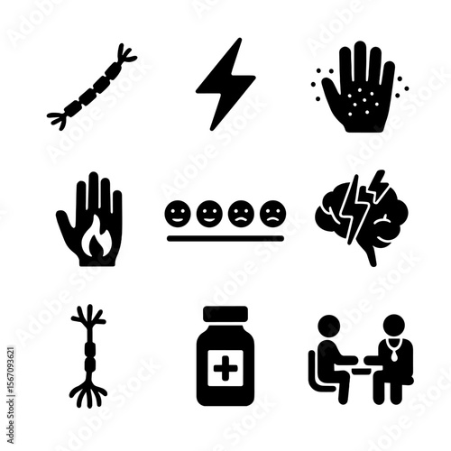 Neuropathic Pain Icons. Solid, filled icon set of neuropathic pain: nerve fiber, electric shock, tingling hand, burning sensation,