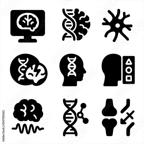 Neurogenetics Icon Set. Solid, filled icon set of neurogenetics and brain disorders: brain scan, neural DNA, neuron, gene-linked