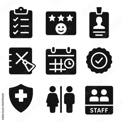 Hygiene Icons Grid. Solid, filled icons set of hygiene policy and inspection: checklist clipboard, hygiene
