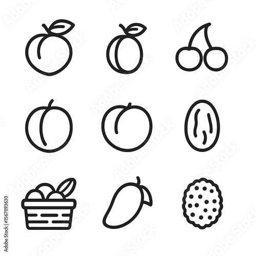 Stone Fruits Icons. Solid, filled icon set of stone fruits in fruit basket: peach, plum, cherry, apricot, nectarine, prune, mango,