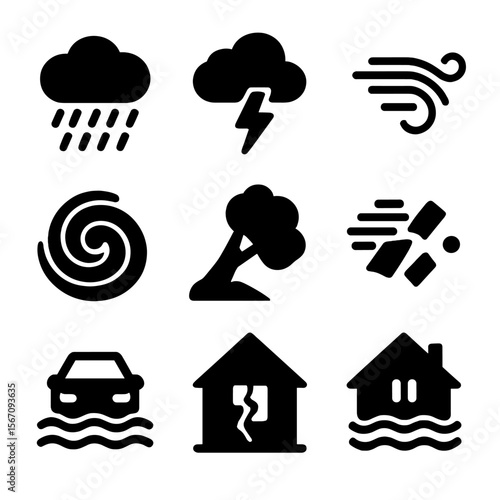 Storm Icon Set. Solid, filled icon set of storm elements: dark cloud, heavy rain, thunderbolt, strong wind, swirling dust, broken