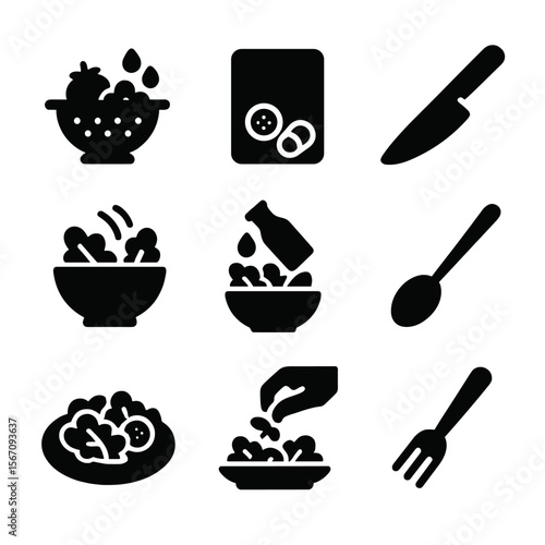 Salad Prep Icons. Solid, filled icon set of salad preparation steps: washing vegetables, chopping board, slicing knife, tossing