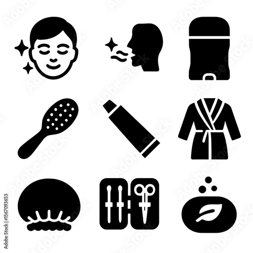 Hygiene Icon Grid. Solid, filled icons set of hygiene and freshness: clean face icon, fresh breath, deodorant