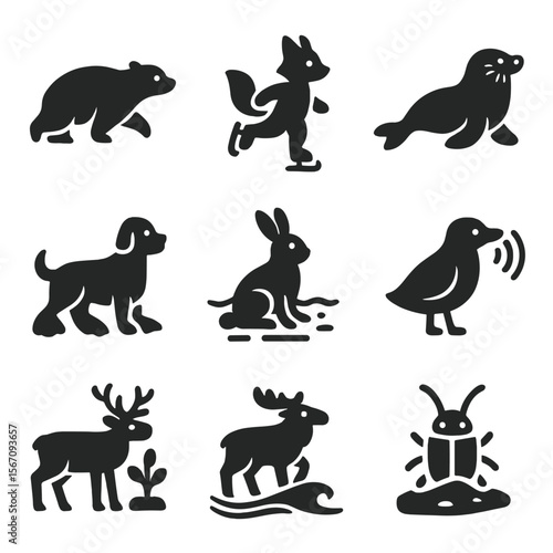 Ice Melt Evolution Icons. Solid, filled icons set of ice melt species evolution: swimming bear, ice-skating