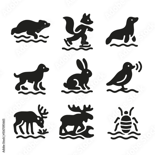 Ice Melt Evolution Icons. Solid, filled icons set of ice melt species evolution: swimming bear, ice-skating
