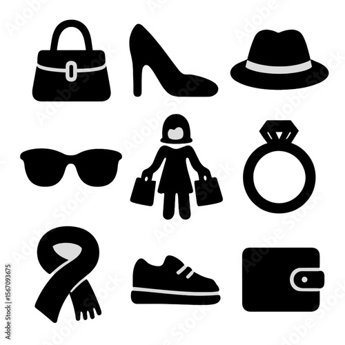 Street Fashion Icons. Solid, filled icon set of Street fashion shoppers: handbag, high heels, hat, sunglasses, shopping spree,