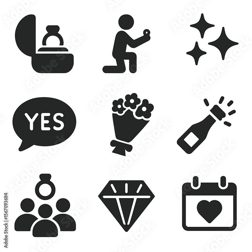 Iconic Engagement Moments. Solid, filled icons set of proposal and engagement moments: ring box, kneeling