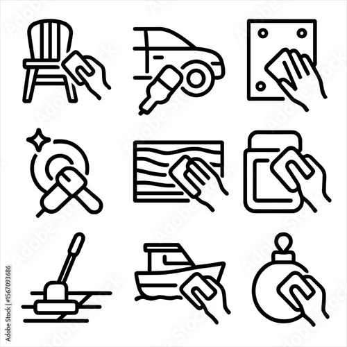 Sanding Projects Icons. Solid, filled icon set of sanding project types: furniture refinishing, automotive bodywork, drywall