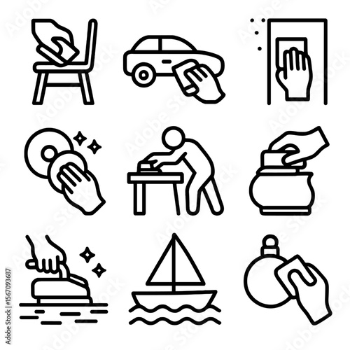 Sanding Projects Icons. Solid, filled icon set of sanding project types: furniture refinishing, automotive bodywork, drywall