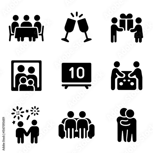 New Year Icons Grid. Solid, filled icon set of New Year family traditions: family dinner, clinking glasses, gift exchange, family