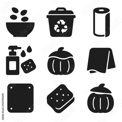 Iconic Pumpkin Cleaning. Solid, filled icons set of post-carving cleanup and care: seed bowl, compost bin,