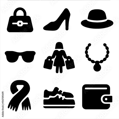 Street Fashion Icons. Solid, filled icon set of Street fashion shoppers: handbag, high heels, hat, sunglasses, shopping spree,