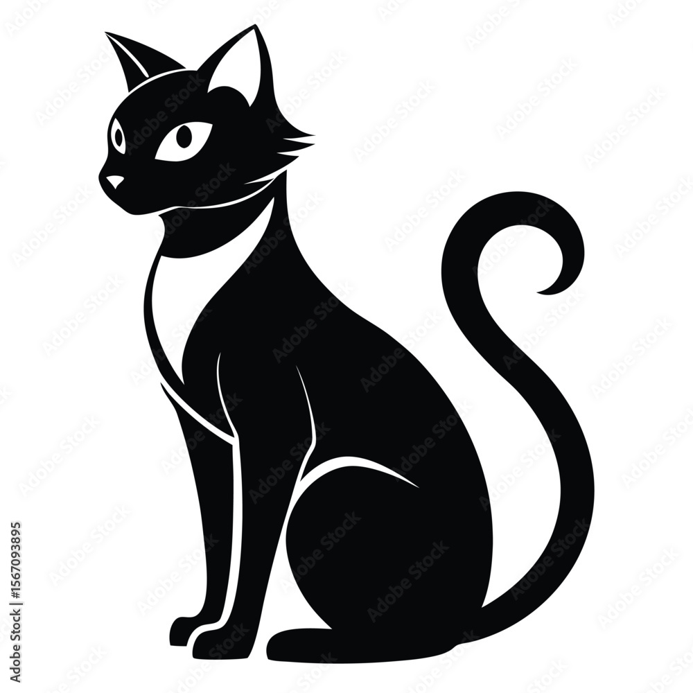 Elegant Black Cat Silhouette with Curled Tail and Alert Posture, Creating a Sleek and Mysterious Design Elegant Black Cat Silhouette with Curled Tail and Alert Posture, Creating a Sleek and Mysterious Design
