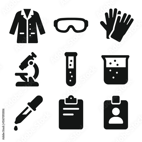 Science Equipment Icons. Solid, filled icon set of lab coat and scientific attire: lab coat, safety goggles, gloves, microscope,