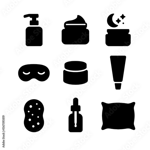 Night Skincare Icons. Solid, filled icon set of night skincare essentials: oil cleanser, rich cream, overnight mask, eye patch,