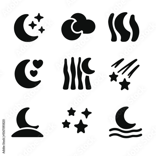 Night Sky Icon Set. Solid, filled icon set of night sky moods: peaceful sky, cloudy night, romantic stars, northern lights, windy