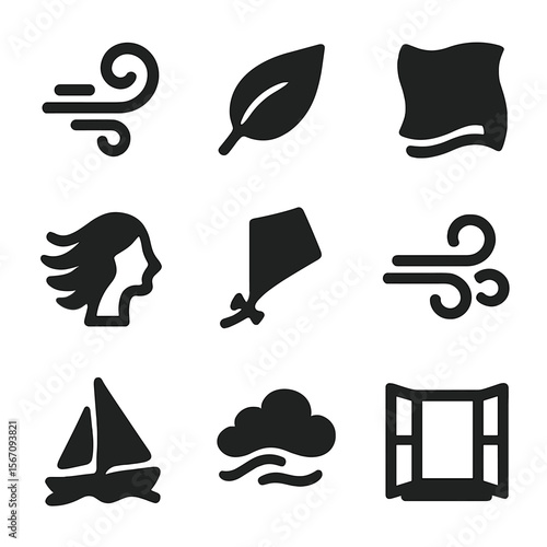 Summer Breeze Icons. Solid, filled icon set of summer breeze icons: wind swirl, fluttering leaf, waving fabric, flowing hair,