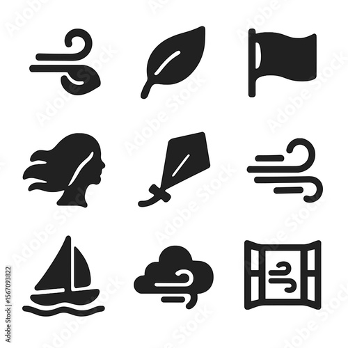 Summer Breeze Icons. Solid, filled icon set of summer breeze icons: wind swirl, fluttering leaf, waving fabric, flowing hair,