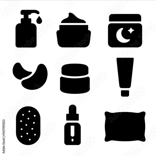 Night Skincare Icons. Solid, filled icon set of night skincare essentials: oil cleanser, rich cream, overnight mask, eye patch,