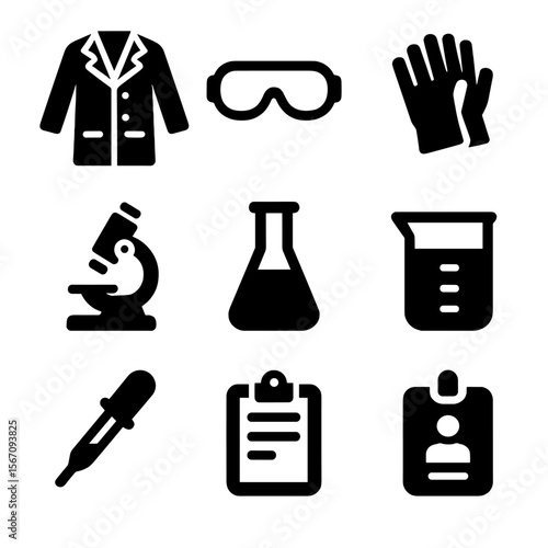Science Equipment Icons. Solid, filled icon set of lab coat and scientific attire: lab coat, safety goggles, gloves, microscope,