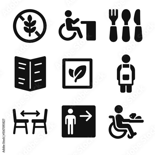 Inclusive Dining Icons. Solid, filled icons set of inclusive food and beverage areas: allergen info icon,