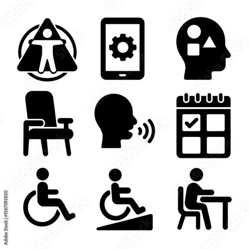 Inclusive Classroom Icons. Solid, filled icons set of inclusive classroom practices: universal design icon,