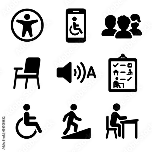 Inclusive Classroom Icons. Solid, filled icons set of inclusive classroom practices: universal design icon,