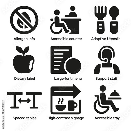 Inclusive Dining Icons. Solid, filled icons set of inclusive food and beverage areas: allergen info icon,