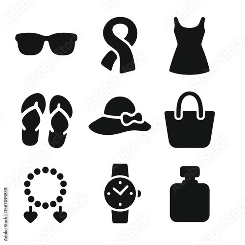 Summer Fashion Icons. Solid, filled icon set of summer fashion essentials: sunglasses, light scarf, beach dress, sandals, sun hat,