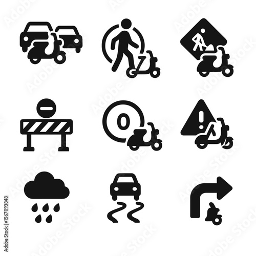 Scooter Mobility Icons. Solid, filled icon set of scooter urban mobility challenges: traffic jam, pedestrian zone, construction
