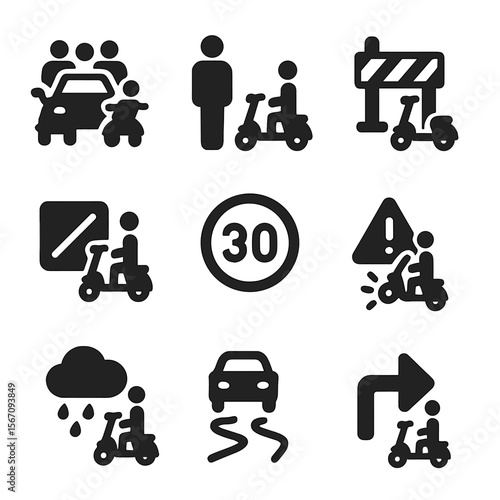 Scooter Mobility Icons. Solid, filled icon set of scooter urban mobility challenges: traffic jam, pedestrian zone, construction