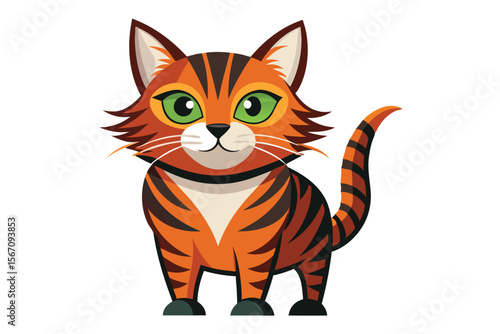 Cute Cartoon Tiger with Green Eyes and Orange Stripes on a White Background