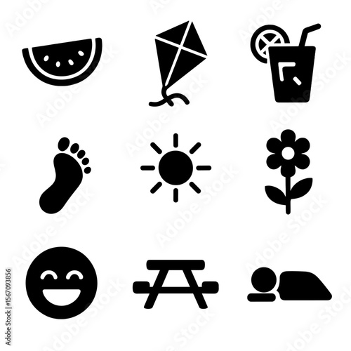 Summer Icons Grid. Solid, filled icon set of simple summer pleasures: watermelon slice, kite, lemonade glass, barefoot walk,