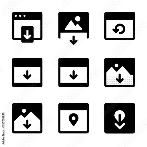 Scroll Pattern Icons. Solid, filled icon set of scroll behavior patterns: sticky nav, parallax scroll, infinite scroll, reveal on