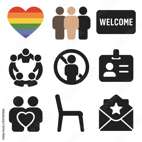 Inclusive Icons Grid. Solid, filled icons set of inclusive group dynamics: rainbow heart, diverse people,