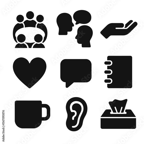 Support Group Icons. Solid, filled icon set of support group sharing: circle of people, talking heads, open hand, heart symbol,