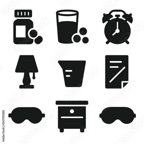 Nightstand Essentials Icons. Solid, filled icon set of nightstand medication essentials: pill bottle, sleeping pills, glass of