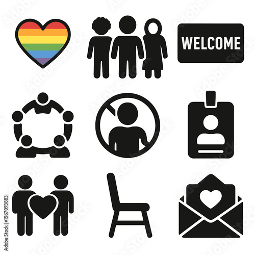 Inclusive Icons Grid. Solid, filled icons set of inclusive group dynamics: rainbow heart, diverse people,